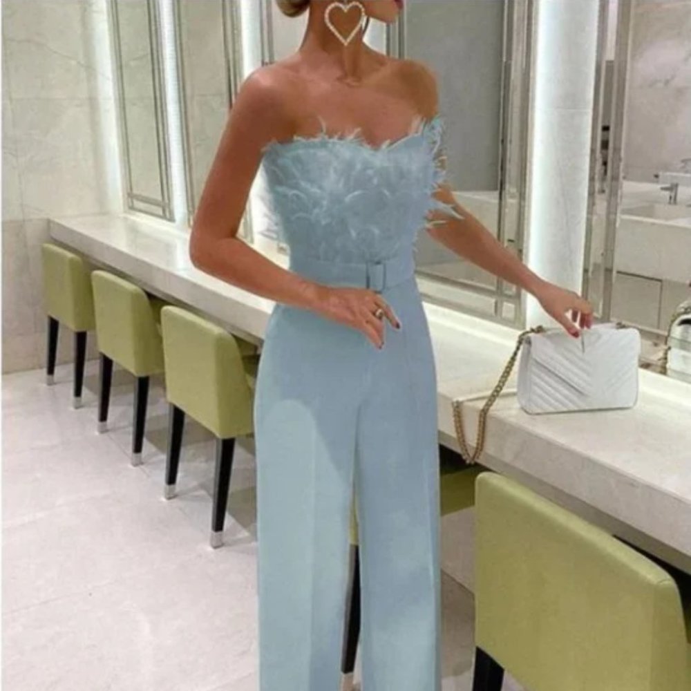 Strapless Feather-Trim Jumpsuit in Light Blue